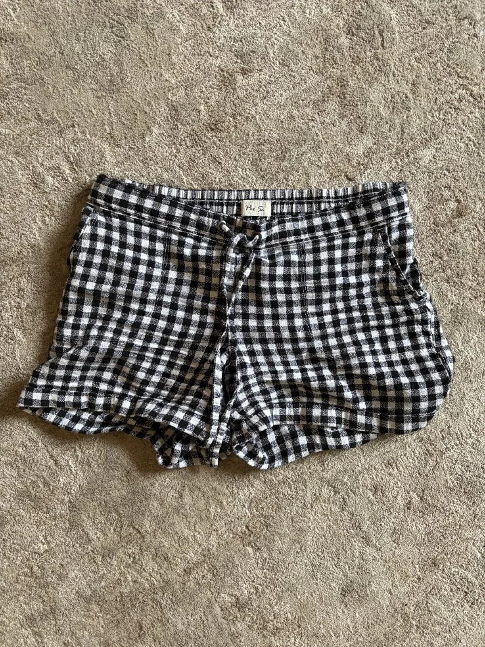 Per Se Black White Gingham Linen Blend Drawstring Shorts Cuffed Pockets M